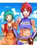  1girl ;d bad_id bad_pixiv_id belt blue_eyes brown_eyes choker couple cropped_jacket dress farah_oersted gloves green_hair happy hetero is2k331 midriff one_eye_closed open_mouth red_hair rid_hershel short_hair smile tales_of_(series) tales_of_eternia 