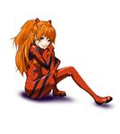  bangs blue_eyes blush bodysuit bracer breasts closed_mouth from_side full_body gloves hair_between_eyes hamakado_mondo hand_on_own_knee hand_on_own_thigh headgear knees_up leg_hug light_smile lips long_hair looking_at_viewer neon_genesis_evangelion orange_hair pilot_suit plugsuit red_bodysuit red_lips shadow shiny shiny_clothes shiny_hair simple_background sitting small_breasts smile solo souryuu_asuka_langley turtleneck two_side_up white_background 