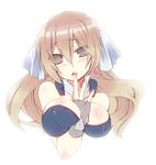  aoi_kimi blush breasts brown_hair cleavage fingerless_gloves gloves kyoukai_senjou_no_horizon kyoukaisenjou_no_horizon nipples simple_background solo 