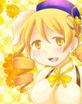  blonde_hair breasts commentary_request drill_hair hat large_breasts long_hair mahou_shoujo_madoka_magica murasaki_gin'ya open_mouth ribbon solo tomoe_mami upper_body yellow yellow_background yellow_eyes 