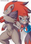  ambiguous_gender blue_eyes claws hair impious nintendo open_mouth plain_background pok&#233;mon pok&eacute;mon pose simple_background smirk video_games zoroark zorua 