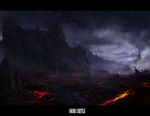  bad_pixiv_id castle cliff cloud dark fog landscape matsura_ichirou molten_rock no_humans original scenery 