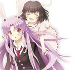  2girls animal_ears bunny_ears buttons carrot carrot_necklace closed_eyes crescent_moon dress glomp hug inaba_tewi jewelry moon multiple_girls necklace necktie noukatu pendant purple_hair red_eyes reisen_udongein_inaba surprised touhou 