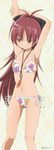  armpits bikini blush feathers flat_chest floral_print highres jewelry jpeg_artifacts long_hair lossy-lossless mahou_shoujo_madoka_magica navel necklace sakura_kyouko shiotsuki_kazuya side-tie_bikini solo swimsuit third-party_edit very_long_hair 