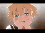  blonde_hair green_eyes hands_on_own_cheeks hands_on_own_face kagamine_len letterboxed male_focus open_mouth parody solo vocaloid yandere_trance 