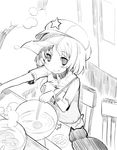  :t beret bowl cat chopsticks eating food greyscale hat hiruma_andon miyako_yoshika monochrome noodles ofuda ramen ringed_eyes short_hair sitting sketch smile solo star steam touhou 