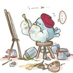  art_brush arufa_(a-1626) beret bucket canvas_(object) clothed_pokemon easel gen_3_pokemon hat no_humans paint paint_can paintbrush pokemon pokemon_(creature) spoken_ellipsis swablu trim_brush 