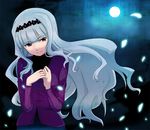  breasts hairband idolmaster idolmaster_(classic) long_hair medium_breasts petals purple_eyes shijou_takane silver_hair smile solo sweater yoicha 