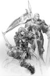  1girl armor banner beard facial_hair full_armor gauntlets greyscale headwear_removed helmet helmet_removed highres hildegard_von_krone lance lips long_hair mole monochrome official_art pauldrons polearm scabbard scar sheath siegfried_schtauffen sketch soulcalibur soulcalibur_v sword weapon 