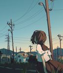  bad_id bad_pixiv_id brown_eyes brown_hair building from_side grass hanno house lamppost mountain original power_lines profile road school_uniform serafuku short_hair skirt sky solo telephone_pole town wind 