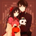  1girl axis_powers_hetalia brown_hair changpao chinese_clothes couple flower hair_flower hair_ornament hetero holding hong_kong_(hetalia) jewelry lantern long_hair orange_eyes panda plum_blossoms short_hair single_earring taiwan_(hetalia) yori_(y_rsy) 