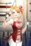  artist_request blonde_hair blue_eyes blush bow breasts gloves long_sleeves lowres medium_breasts open_mouth pants ponytail rapier ribbon sheath side_ponytail solo sword sword_girls vest weapon 