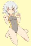  bad_id bad_pixiv_id barefoot ben-tou blade_(galaxist) blush brown_eyes competition_swimsuit full_body grey_hair hands kneeling one-piece_swimsuit red_eyes short_hair simple_background solo swimsuit yarizui_sen yellow_background 