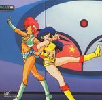  80s \m/ blue_hair boots dark_skin dirty_pair gloves green_footwear gun happy headband kei_(dirty_pair) knee_boots long_hair midriff multiple_girls official_art oldschool one_eye_closed red_hair short_hair short_shorts shorts takachiho_haruka weapon yuri_(dirty_pair) 