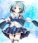  :q blue_eyes blue_hair boots cape frills gloves ina_(inadahime) mahou_shoujo_madoka_magica miki_sayaka outstretched_arm pleated_skirt short_hair skirt smile solo sword tongue tongue_out weapon 