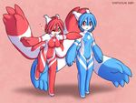  &hearts; &lt;3 amber_eyes anthro blue_hair blush breasts duo eye_contact female hair impious latias latios legendary_pok&#233;mon looking_at_each_other male nintendo nude one_eye_closed open_mouth paws pok&#233;mon pok&#233;morph pok&eacute;mon pok&eacute;morph pussy red_eyes red_hair simple_background tail video_games wings wink 