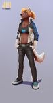  blonde_hair breasts canine cleavage clothed clothing female hair jacket mammal plain_background shoe solo stoopix tail tomboy wolf 