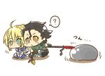  1girl ? ahoge armor artoria_pendragon_(all) bad_id bad_pixiv_id black_hair blonde_hair chibi dress fate/zero fate_(series) gae_buidhe gae_dearg green_eyes kitasumaki lancer_(fate/zero) poking polearm saber spear volumen_hydragyrum weapon yellow_eyes 