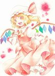  ascot blonde_hair bloomers dress fang flandre_scarlet hand_on_own_face hat index_finger_raised looking_at_viewer open_mouth red_eyes ribbon short_hair side_ponytail simple_background skirt skirt_lift skirt_set smile solo touhou traditional_media underwear waka_(978-4) watercolor_(medium) wings wrist_cuffs 