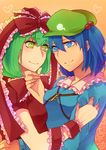  arm_grab arm_ribbon blue_eyes blue_hair bow breast_press breasts chin_grab frills green_eyes green_hair hair_bow hair_ornament hat heart kagiyama_hina kawashiro_nitori key lgw7 long_hair medium_breasts multiple_girls ribbon short_hair smile touhou two_side_up 