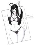  2018 anthro big_breasts bikini breasts cat cleavage clothed clothing digital_media_(artwork) fan_character feline female fur hair hi_res huge_breasts long_hair looking_at_viewer mammal monochrome navel non-mammal_breasts open_mouth panties simple_background skecchiart smile smirk solo standing swimsuit thick_thighs underwear wide_hips 