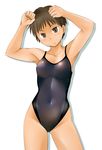  arms_up brown_eyes brown_hair competition_swimsuit one-piece_swimsuit original short_hair solo swimsuit tanaka_rikimaru 