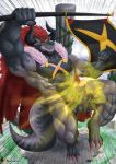  2018 abs anthro balls batzz_(buddyfight) big_balls big_penis breasts claws dragon erection future_card_buddyfight hair hi_res horn humanoid_penis male muscular muscular_male naruever nude patreon penis red_hair scales scalie shining teeth 