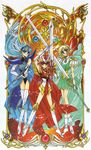  90s absurdres armor armored_dress blonde_hair blue_cape blue_eyes blue_hair blue_hairband boots cape clamp dress full_body gem green_cape green_eyes green_skirt hairband head_wings highres hououji_fuu knee_boots leotard long_hair magic_knight_rayearth multiple_girls official_art pauldrons pink_hair red_cape red_eyes ryuuzaki_umi scan shidou_hikaru shoes short_hair skirt smile sword thigh_boots thighhighs weapon white_legwear 