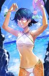  :o armpits arms_up bikini black_eyes black_hair breasts cloud day halterneck key medium_breasts ocean original short_hair side-tie_bikini sky solo sparkle stregoicavar swimsuit tan tanline underboob water white_bikini wristband 