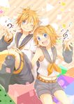  1girl bad_id bad_pixiv_id blonde_hair blue_eyes brother_and_sister hair_ornament hair_ribbon hairclip kagamine_len kagamine_rin one_eye_closed open_mouth ribbon ryou_(fallxalice) short_hair siblings smile twins vocaloid 