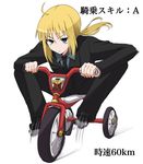  ahoge anpanman anpanman_(character) artoria_pendragon_(all) b-cat bar_censor blonde_hair censored fate/zero fate_(series) formal green_eyes ground_vehicle jewelry long_hair motion_blur necktie pant_suit ponytail saber solo suit tricycle 