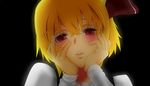  bad_id bad_pixiv_id black_background blonde_hair face hair_ornament hair_ribbon hands_on_own_cheeks hands_on_own_face lips open_mouth parody red_eyes ribbon rumia short_hair simple_background solo touhou yandere_trance 