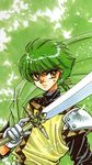  90s clamp earrings ferio_(rayearth) gloves green green_hair jewelry magic_knight_rayearth male_focus official_art pauldrons sash scan serious solo sword weapon yellow_eyes 