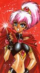  90s armlet black_gloves blue_eyes caldina_(rayearth) cape clamp dark_skin earrings fingerless_gloves gloves hand_on_hip jewelry magic magic_knight_rayearth midriff navel official_art pink_hair ponytail red_cape scan short_hair smile solo 