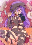  ;) ahoge antenna_hair bandages breasts candy cape copyright_request covered_nipples eating food groin halloween highres homura_subaru long_hair lying naked_ribbon navel nude on_back one_eye_closed pocky purple_hair red_eyes ribbon small_breasts smile solo thighs trick_or_treat 