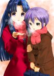  asakura_ryouko blue_hair breath brown_eyes coat gi_cobalt glasses long_hair multiple_girls nagato_yuki purple_eyes purple_hair scarf school_uniform short_hair suzumiya_haruhi_no_shoushitsu suzumiya_haruhi_no_yuuutsu 