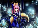  absurdres animal_ears bow dress fate/extra fate_(series) fox_ears fox_tail hair_bow hair_ornament hair_ribbon headdress highres japanese_clothes pink_hair rhy1356 ribbon smile solo tail tamamo_(fate)_(all) tamamo_no_mae_(fate) twintails wading water yellow_eyes 