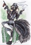  breasts cigar cleavage clothed clothing female gangster green_eyes gun hair hat looking_at_viewer mammal money necktie ranged_weapon shiverz sitting skimpy skunk smoking solo thompson_submachine_gun tommy_gun weapon 