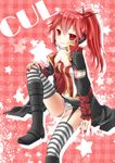  boots cul garter_belt headphones long_hair nail_polish ponytail red_eyes red_hair shorts sitting smile solo striped striped_legwear thighhighs vocaloid yayoi_(egoistic_realism) 