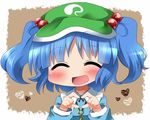  ayu_(iyokanya) bad_id bad_pixiv_id blue_hair blush hair_bobbles hair_ornament hat heart heart_hands kawashiro_nitori key open_mouth short_hair smile solo touhou two_side_up 