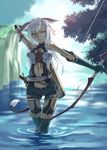  animal_ears arm_behind_head belt bow_(weapon) breasts cleavage dark_skin gloves knife lens_flare long_hair looking_away loose_belt medium_breasts mofu original quiver red_eyes sheath sheathed shorts solo tail thighhighs wading waist_cutout water weapon white_hair 