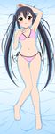  arm_up armpits barefoot bed_sheet bikini black_hair blush brown_eyes dakimakura full_body highres k-on! kuri_youkan long_hair nakano_azusa navel open_mouth side-tie_bikini solo swimsuit twintails 