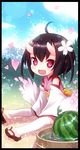  :d cherry_blossoms detached_sleeves fang food fruit heart horn japanese_clothes kiira kimono kohinomoto mountain oni oni_horns open_mouth original petals red_eyes sandals smile solo thighhighs watermelon white_legwear 