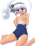  blue_eyes blush breasts covering covering_breasts ghost hair_ribbon highres hitodama konpaku_youmu konpaku_youmu_(ghost) nipples off_shoulder one-piece_swimsuit open_mouth ribbon school_swimsuit silver_hair sitting small_breasts solo swimsuit swimsuit_pull tan tanline topless touhou wariza yoshi_tama 