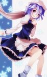  apron bad_id bad_pixiv_id blue_hair hand_on_own_chest hat highres lace lavender_hair letty_whiterock looking_at_viewer purple_eyes s-syogo scarf shoes short_hair skirt skirt_set smile snow solo touhou waist_apron 