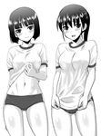  bangs blunt_bangs blush bob_cut breasts buruma etou_toshiko greyscale gym_uniform kitagou_fumika kyougoku_shin large_breasts looking_at_viewer midriff monochrome multiple_girls navel ponytail shirt_lift shirt_tug short_hair shy smile sweatdrop world_witches_series 