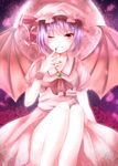  ascot bad_id bad_pixiv_id bat_wings blood blue_hair dress fingernails flower full_moon hat highres kotonoman light_particles long_fingernails moon nail_polish one_eye_closed petals red_eyes red_flower red_moon red_rose remilia_scarlet rose short_hair sitting smile solo touhou wings 