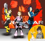  akizuki_ritsuko armor assault_rifle crossover futami_ami gears_of_war gun idolmaster lancer_(weapon) minase_iori miura_azusa multiple_girls parody rifle ryuuguu_komachi usa-chan weapon 