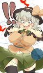  1girl bad_anatomy blush bow breast_expansion breasts cleavage curvy eyeball eyebrows green_eyes hat iroyopon komeiji_koishi large_breasts navel open_mouth ribbon short_hair silver_hair simple_background skirt solo thick_eyebrows thighhighs touhou white_background 