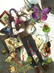  androgynous black_hair bug butterfly card chain clock closed_eyes clover flower four-leaf_clover highres hunter_x_hunter illumi_zoldyck insect key ladybug long_hair lying male_focus photo_(object) playing_card pocket_watch scarf solo vest watch wristwatch zoff_(daria) 